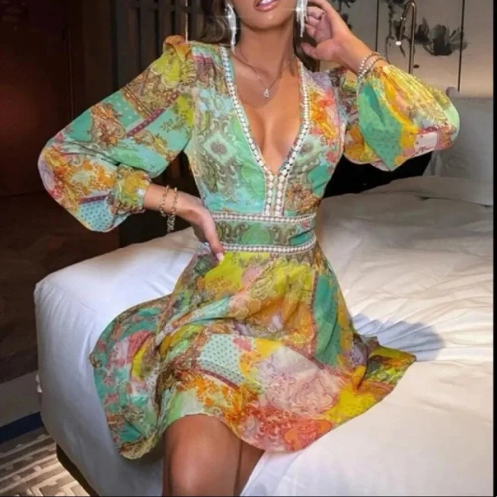 Boho Floral Paisley Print  A-line V Neck Dress